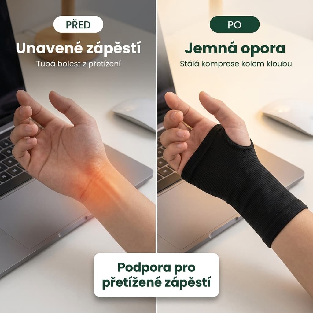 Kompresní podpora zápěstí před a po – jemná opora při práci u počítače